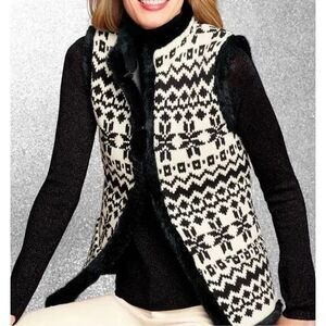 Talbots Women’s White and Black Fair Isle Faux Fur Button Up Sweater Vest Petite
